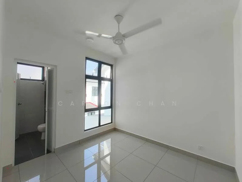 Room features: white painted walls, grey floor tiles, 5-blade ceiling fan, floor-to-ceiling windows, sliding glass door, natural light, door leading to bathroom, no visible furniture; style: modern.