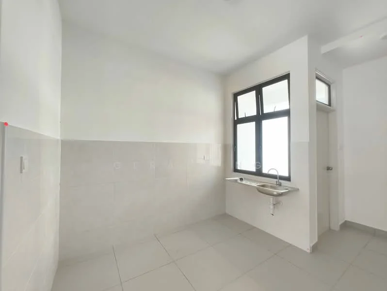 Room features: white painted walls, light grey tiled flooring, single-bowl stainless-steel sink, large window with black frame, door leading to another room, minimalist design; style: modern.