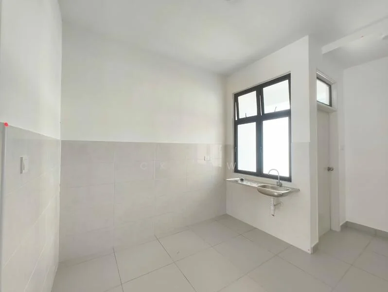 Room features: white painted walls, light grey tiled flooring, single-bowl stainless-steel sink, window with black frame, wall-mounted faucet, neutral colour scheme, corner space, no visible appliances; style: minimalist.