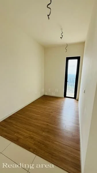 Room features: light wood laminate flooring, white painted walls, black framed sliding door, view of balcony or outdoor area, two hanging light fixtures, no visible furniture, minimalist decor; style: modern; view: city.