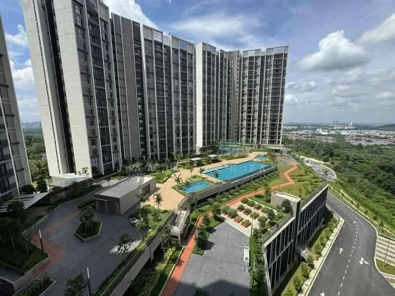 Exterior type: high-rise condominium; features: infinity pool, pool deck with loungers, landscaped garden, manicured lawn, mature trees, walking path, surrounding greenery, multiple storeys, modern facade, balconies on upper floors; style: modern.