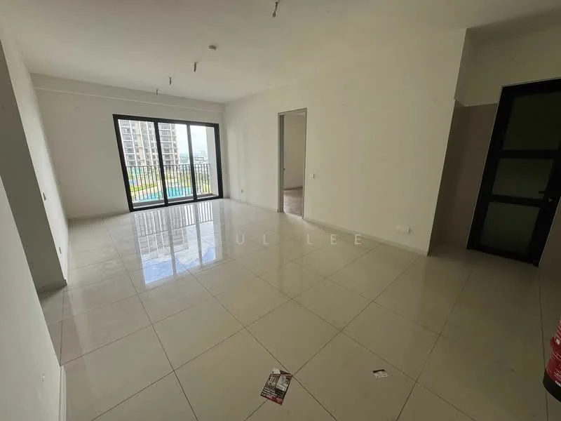 Living features: white painted walls, glossy ceramic tile flooring, floor-to-ceiling sliding glass doors, balcony access, recessed downlights, open layout, large windows, neutral color scheme; style: modern; view: pool.
