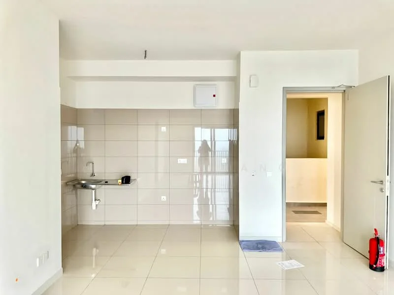 Kitchen features: white painted walls, glossy tile flooring, single-bowl stainless-steel sink, chrome pull-down faucet, wall-mounted air conditioning unit, built-in cabinetry, countertop space, electrical outlet, fire extinguisher, door leading to hallway; style: modern.