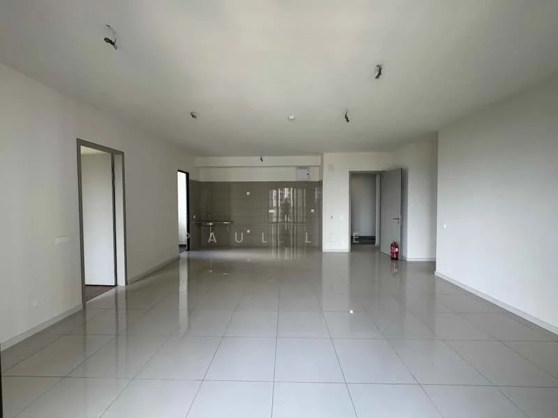 Living features: white painted walls, glossy ceramic tile flooring, recessed downlights, open layout, large windows, neutral color scheme, fire extinguisher, doorway to kitchen, doorway to hallway; style: modern.