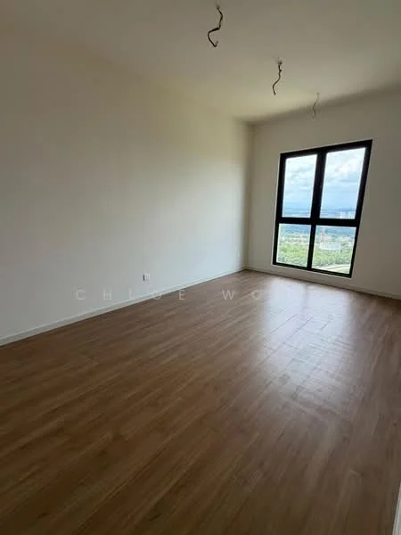 Room features: light wood laminate flooring, white painted walls, large floor-to-ceiling window, city view, no visible ceiling fixtures, empty room; view: city.