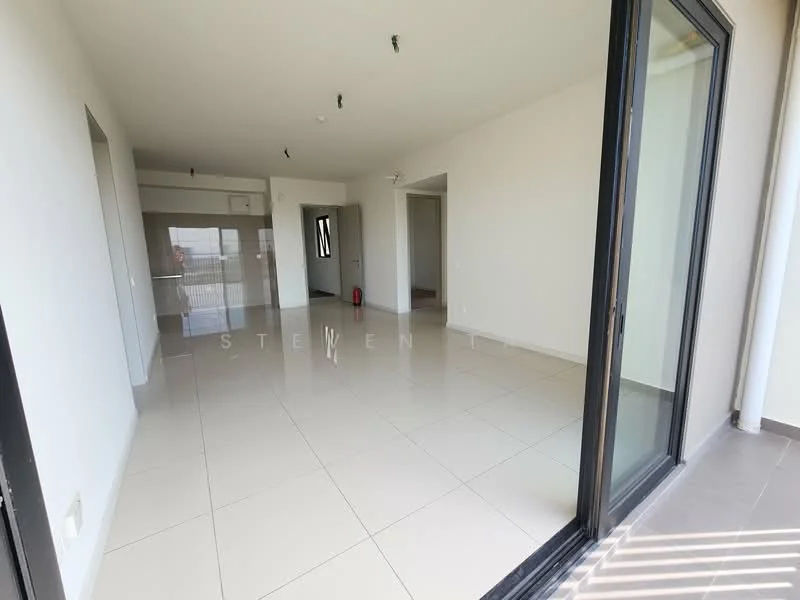 Room features: white painted walls, glossy ceramic tile flooring, floor-to-ceiling windows, sliding glass door, recessed downlights, ceiling fan, open layout, neutral color scheme; style: modern; view: city.