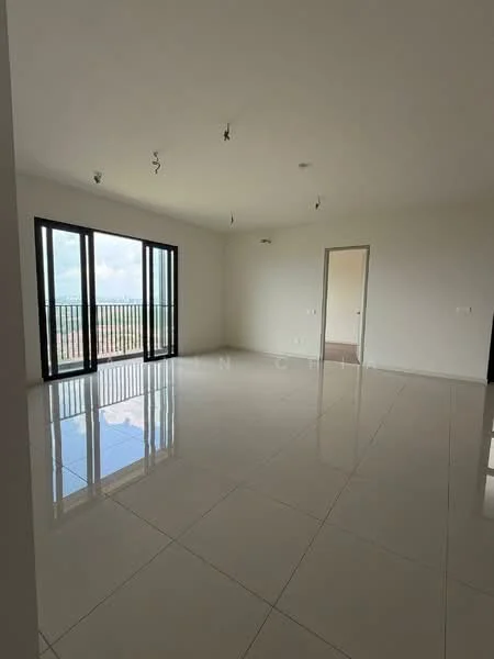 Room features: white painted walls, glossy ceramic tile flooring, floor-to-ceiling windows, sliding glass door, recessed downlights, 2 ceiling-mounted light fixtures, open layout, balcony access; style: modern; view: city.
