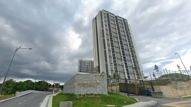 Exterior type: high-rise condominium; features: glass curtain wall, concrete facade, recessed balconies, landscaped entrance, gated entry, surrounded by greenery, driveway leading to entrance; style: modern.
