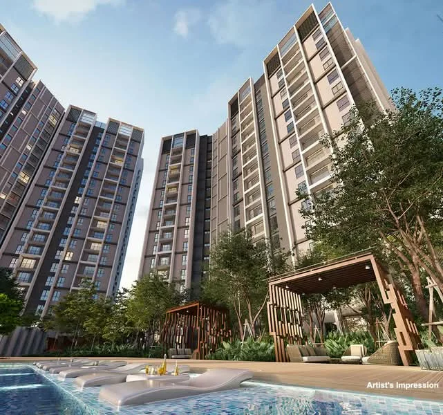 Exterior type: high-rise condominium; features: multiple high-rise buildings, swimming pool with loungers, landscaped garden area, wooden pergola structures, lush greenery surrounding the buildings, modern architectural design, glass balconies, outdoor seating area, pool deck, sun loungers by the pool; style: modern.