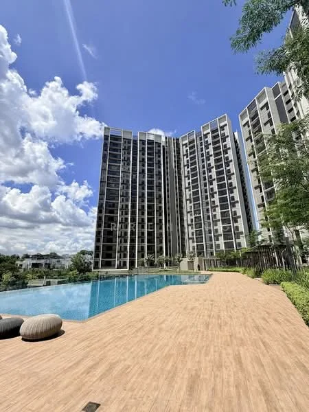 Exterior type: high-rise condominium; features: infinity pool, pool deck with loungers, landscaped garden, modern facade with glass and concrete, surrounded by greenery, multiple storeys, sunny weather, wooden decking around pool; style: modern.