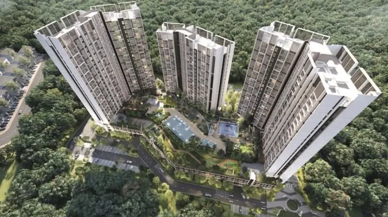 Exterior type: high-rise condominium; features: multiple high-rise towers, landscaped garden area, swimming pool, children's playground, jogging track, parking lot, manicured lawns, surrounded by greenery, modern architectural design, balconies on each unit, outdoor seating areas; style: modern.