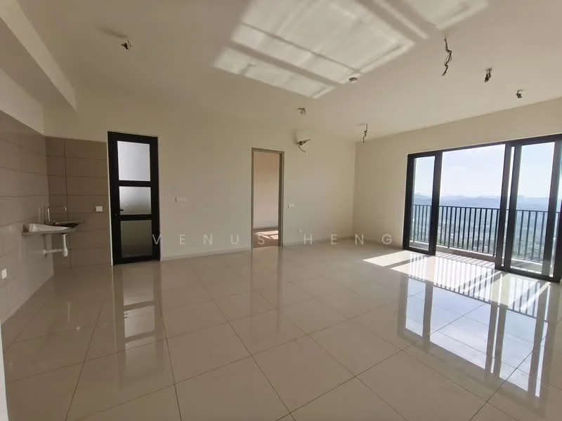 Living features: large floor-to-ceiling windows, sliding glass door, white painted walls, polished ceramic tile flooring, recessed downlights, ceiling lights, open layout, mountain view; style: modern; view: mountain. Kitchen features: wall-mounted sink, grey tiled backsplash; style: modern.