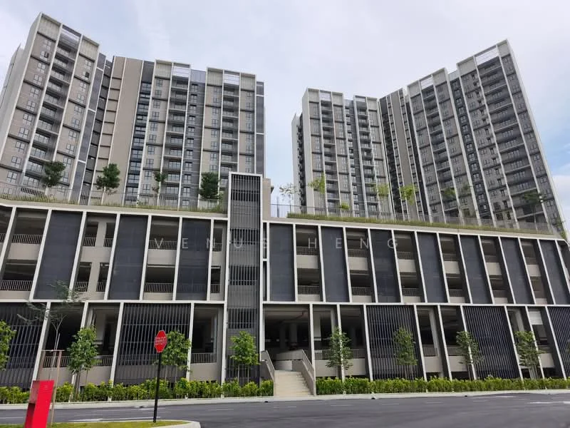 Exterior type: mid-rise condominium; features: grey concrete facade, glass curtain wall, recessed balconies, vertical fins, landscaped terrace, manicured lawn, mature trees, open-air parking lot, modern architectural design, multiple storeys, surrounded by greenery, driveway with interlocking pavers; style: modern.