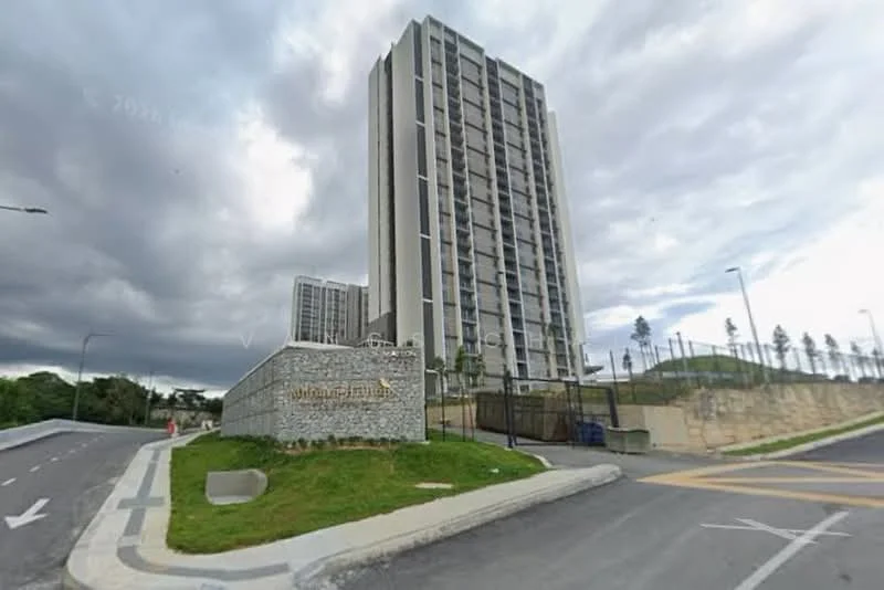 Exterior type: high-rise condominium; features: concrete facade, glass windows, gated entrance, landscaped garden, manicured lawn, surrounded by greenery, parking area, multiple storeys, signage at entrance; style: modern.