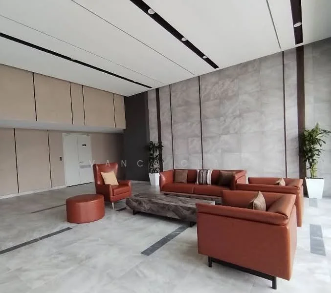 Living features: grey marble flooring, light grey walls, dark grey accent wall, recessed ceiling with linear lighting, large sectional sofa in orange leather, single orange leather armchair, round ottoman in orange, coffee table with grey surface, decorative indoor plants in white pots; style: modern.