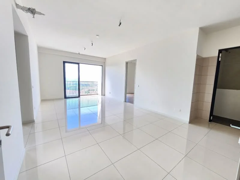 Living features: white painted walls, glossy porcelain tile flooring, sliding glass door, floor-to-ceiling windows, recessed downlights, open layout, balcony access, neutral color scheme; style: modern; view: city.