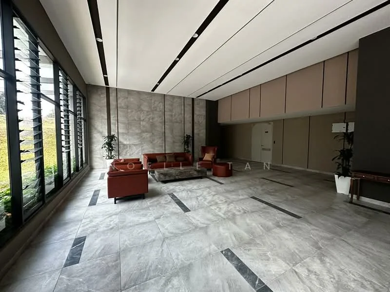 Room features: large floor-to-ceiling windows, grey marble flooring, recessed ceiling lights, modern lounge seating in brown leather, glass coffee table, decorative indoor plants, neutral wall colour, textured wall paneling, sliding glass door, black accent wall; style: modern; view: garden.