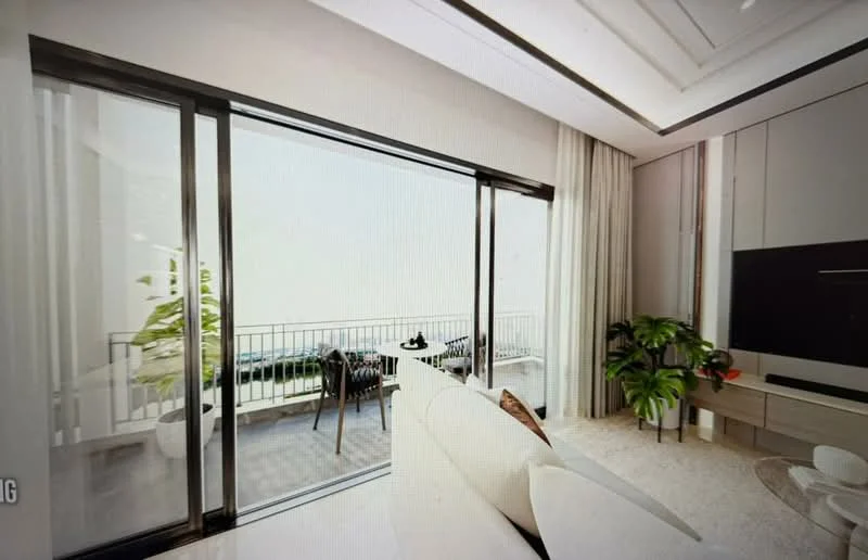 Living features: floor-to-ceiling windows, sliding glass door, white painted walls, recessed downlights, cream sofa, decorative plants, light-colored flooring, balcony view; style: modern; view: city.