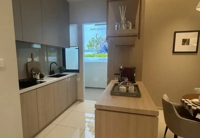 Kitchen features: white cabinetry, light wood cabinetry, black countertop, single-bowl stainless-steel sink, chrome pull-down faucet, built-in refrigerator, built-in oven, stainless-steel range hood, 4-burner gas hob, pendant light, tile flooring, window with garden view, decorative items on countertop, dining table with chairs; style: modern; view: garden.