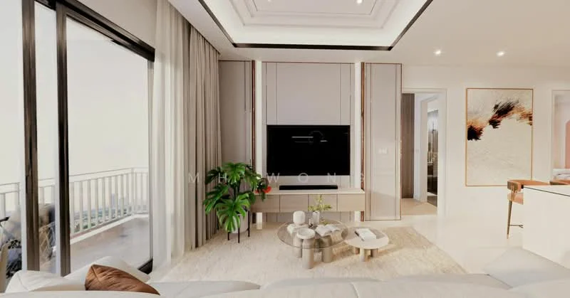 Living features: white walls, tray ceiling with recessed lighting, floor-to-ceiling windows, sliding glass door, light-colored sofa, coffee table with round top, area rug, decorative plant, TV mounted on wall, built-in cabinetry, neutral color palette, curtains, open layout, natural light; style: modern; view: city.