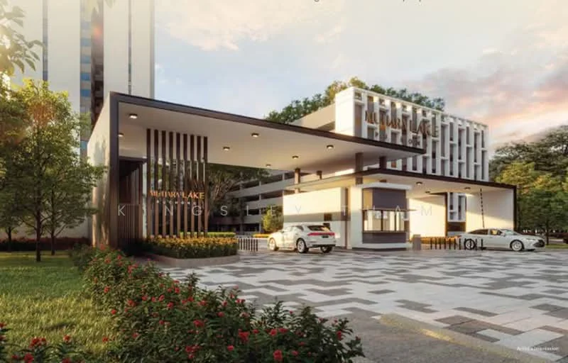 Exterior type: low-rise apartment block; features: modern facade with white cladding, covered entrance with wooden slats, paved driveway with interlocking pavers, landscaped garden with flowering plants, two parked cars, surrounding greenery, multiple storeys visible, large windows, outdoor lighting fixtures; style: modern.