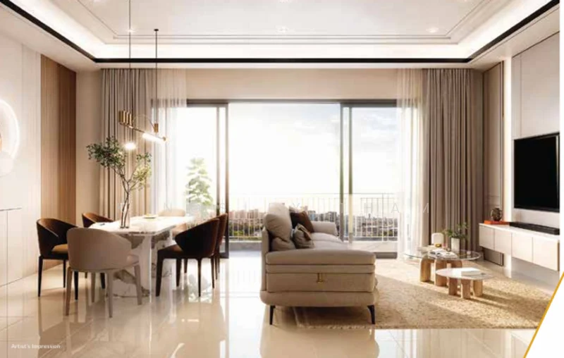 Living features: light beige sofa, round coffee table, area rug with geometric pattern, wall-mounted TV, media console with drawers, floor-to-ceiling windows, sheer curtains, dining table with four chairs, pendant lighting above dining table, decorative indoor plant, recessed ceiling lights, cream painted walls, polished tile flooring; style: modern; view: city.