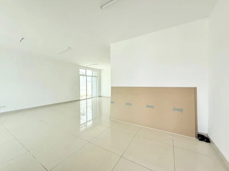 Room features: white painted walls, glossy ceramic tile flooring, large windows allowing natural light, ceiling lights, unfurnished space, cardboard panel against wall; style: modern.