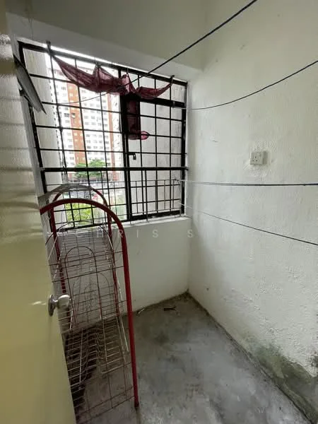 Laundry features: white painted walls, concrete flooring, metal window grill, clothes drying rack, exposed electrical outlet, window with view of exterior, hanging clothes line; view: garden.
