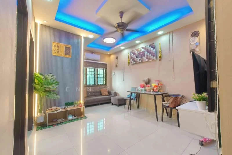 Living features: white tiled flooring, cream painted walls, blue LED ceiling lights, tray ceiling, 5-blade ceiling fan with light, large window with grid pattern, sofa in brown fabric, decorative wall art, small indoor plant, dining table with four chairs, decorative items on table, wall-mounted air conditioning unit; style: modern.
