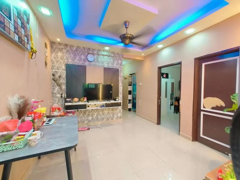 Living features: white painted walls, cream accent wall with geometric pattern, glossy tile flooring, recessed ceiling with LED strip lighting, ceiling fan, wall-mounted TV, TV console, decorative wall clock, decorative items on table, open doorway to adjacent room; style: modern.