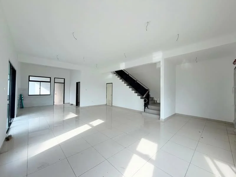 Room features: white painted walls, polished ceramic tile flooring, large windows, staircase with railing, high ceiling, no visible furniture, open layout, natural light from windows; style: modern.