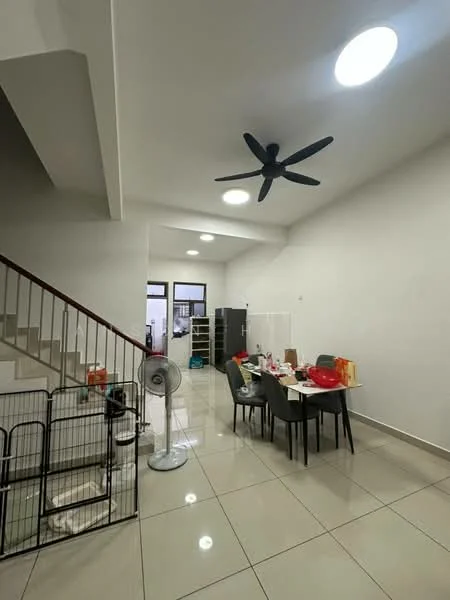Dining features: white painted walls, polished ceramic tile flooring, 5-blade ceiling fan with light, round dining table, 4 upholstered dining chairs, floor-to-ceiling windows, decorative wall shelving, open layout to living area; style: modern. Room features: staircase with metal railing, recessed ceiling lights, fan, open space, storage area visible in background.