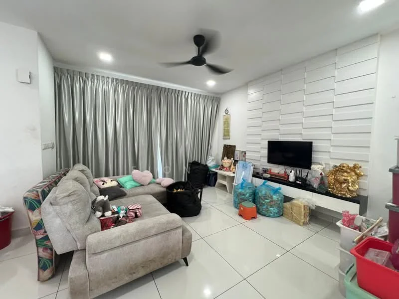 Living features: grey fabric sectional sofa, floor-to-ceiling windows with sheer curtains, white feature wall with textured panels, white tiled flooring, ceiling fan, wall-mounted TV, decorative items on shelves, storage boxes, colorful throw pillows; style: modern.