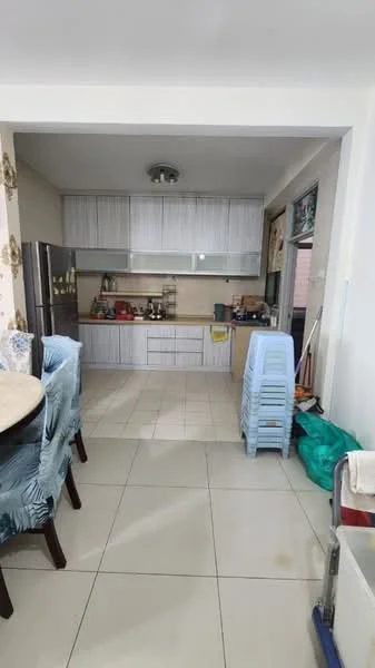 Kitchen features: white cabinetry, granite countertop, stainless-steel fridge, built-in oven, ceramic tile flooring, recessed ceiling lights, kitchen island, open shelving, wall-mounted cabinets, sink, multiple kitchen appliances, dining table with chairs; style: modern.