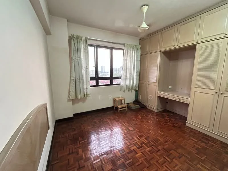 Bedroom features: parquet wood flooring, white painted walls, floor-to-ceiling windows, curtains, ceiling fan, built-in wardrobe with sliding doors, study desk, wooden stool; view: city.