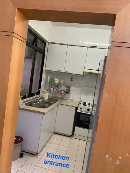 Kitchen features: white cabinetry, stainless-steel sink, chrome pull-down faucet, built-in oven, freestanding range oven, white tiled backsplash, countertop with storage below, dishwasher, ceramic tile flooring, window with sheer curtains; style: modern.