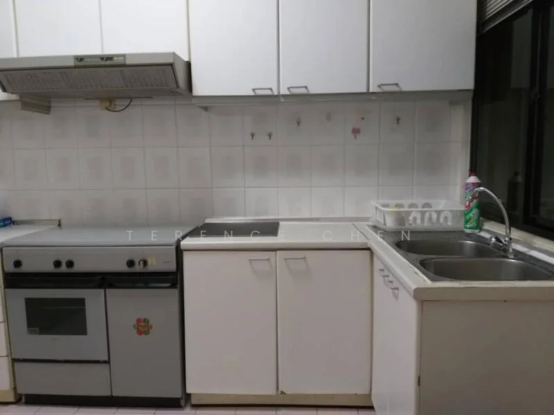 Kitchen features: stainless-steel double-bowl sink, chrome pull-down faucet, white cabinetry, grey countertop, built-in oven, freestanding range oven, tile backsplash, white tiled walls, pink tiled flooring, window with view, kitchen utensils visible; style: modern.