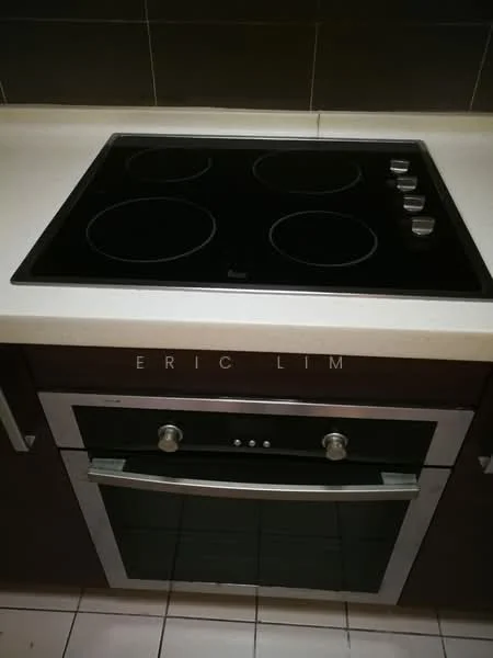 Kitchen features: black glass cooktop with 4 burners, built-in oven, stainless-steel oven handle, light-colored countertop, dark wood cabinetry, tile flooring, modern design; style: modern.