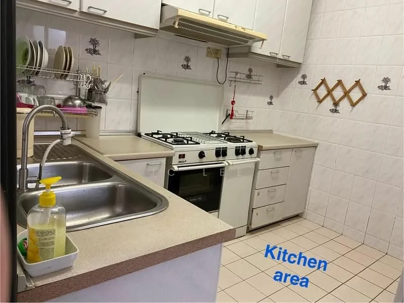 Kitchen features: double-bowl stainless-steel sink, chrome pull-down faucet, 4-burner gas hob, built-in oven, white cabinetry, light-colored countertop, white tiled walls, cream tiled flooring, dish rack, hanging storage rack, kitchen utensils, wall-mounted hooks; style: modern.