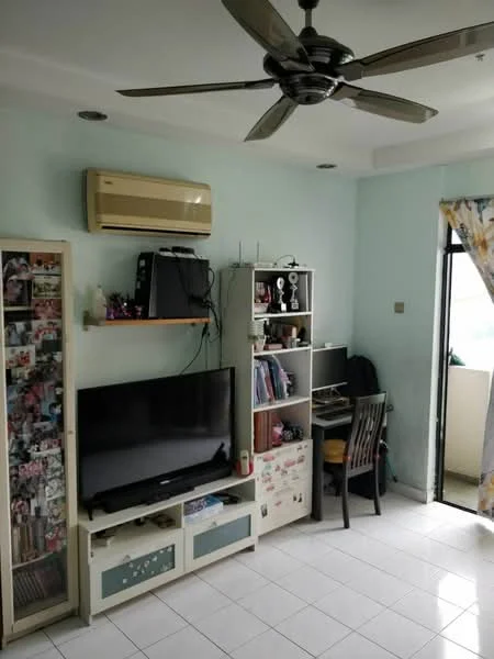 Living features: white painted walls, white tiled flooring, 5-blade ceiling fan with light, wall-mounted air conditioning unit, large flat-screen TV, TV console with storage, bookshelf with decorative items, study desk with chair, curtains with floral pattern, sliding glass door leading to balcony; style: modern.