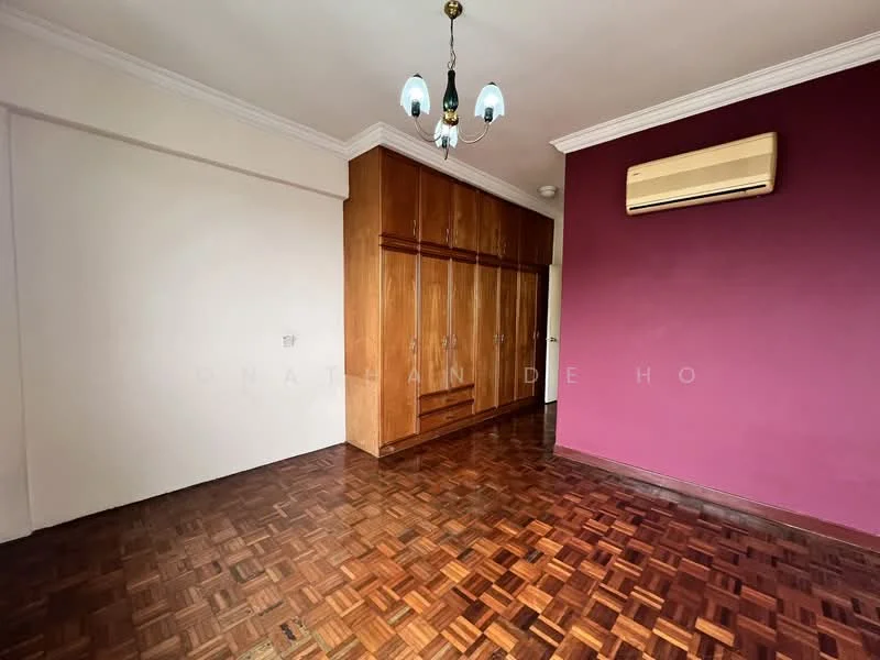 Room features: wooden flooring, purple accent wall, white painted walls, built-in wardrobe with wooden doors, ceiling light fixture with three bulbs, wall-mounted air conditioning unit, crown moulding; style: traditional.