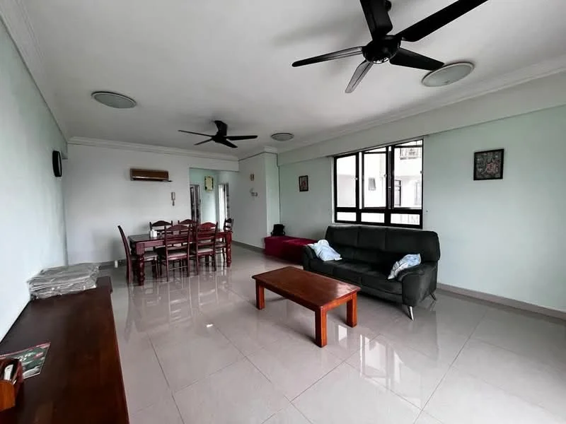 Living features: light green painted walls, polished ceramic tile flooring, 5-blade ceiling fan with light, 2 ceiling lights, black leather sofa, wooden coffee table, dining table with 6 chairs, air conditioning unit, large windows with city view, decorative wall art; style: modern; view: city.
