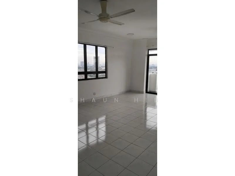 Room features: white painted walls, glossy white tile flooring, ceiling fan, floor-to-ceiling windows, city view, natural light, neutral decor, open layout; style: modern; view: city.