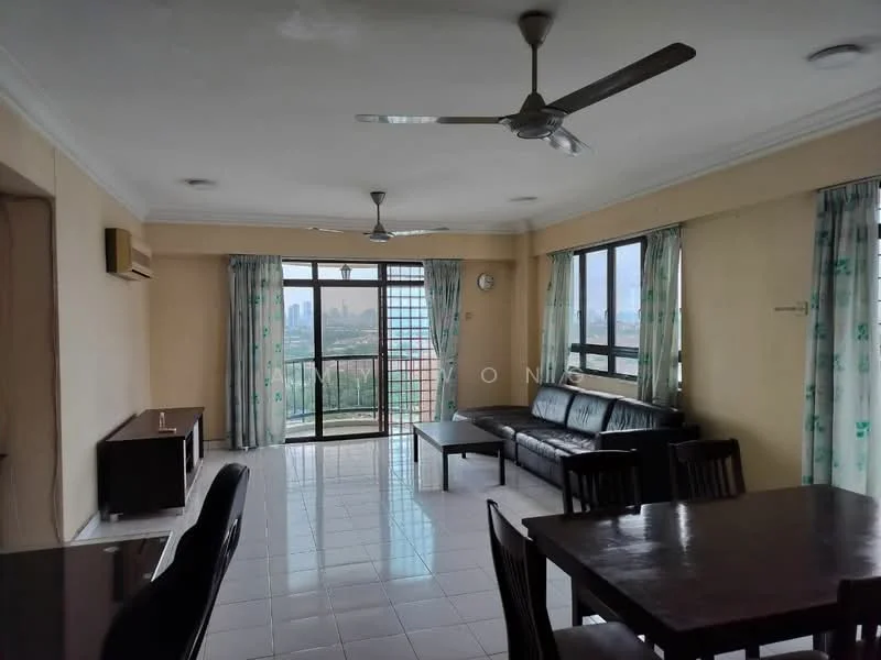 Living features: floor-to-ceiling windows, sliding glass door, 2 ceiling fans, white painted walls, glossy tile flooring, black leather sofa, wooden dining table, 4 wooden dining chairs, wall clock, curtains with floral pattern, TV console, decorative wall art; style: modern; view: city.