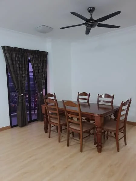 Dining features: wooden dining table, 6 wooden dining chairs, 5-blade ceiling fan, floor-to-ceiling windows, dark curtains, light wood flooring, white painted walls, recessed ceiling light; style: modern; view: city.