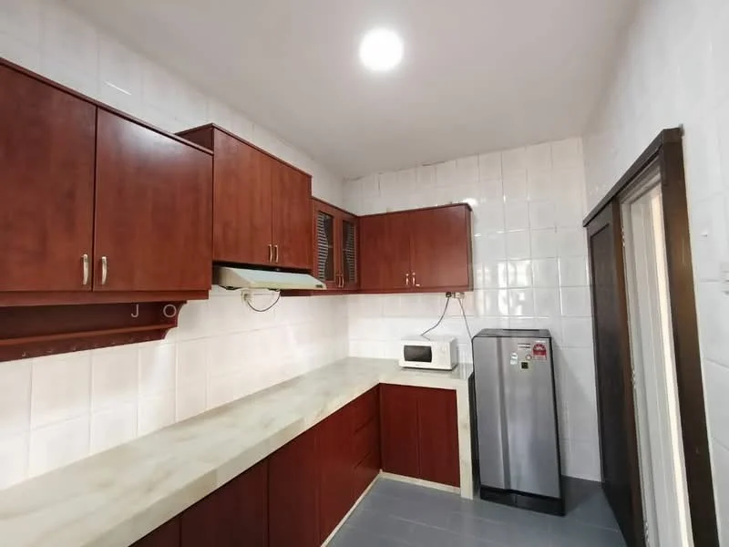 Kitchen features: brown wooden cabinetry, white tiled backsplash, light-colored countertop, stainless-steel fridge, built-in microwave, wall-mounted range hood, grey tile flooring, recessed ceiling lights; style: modern.