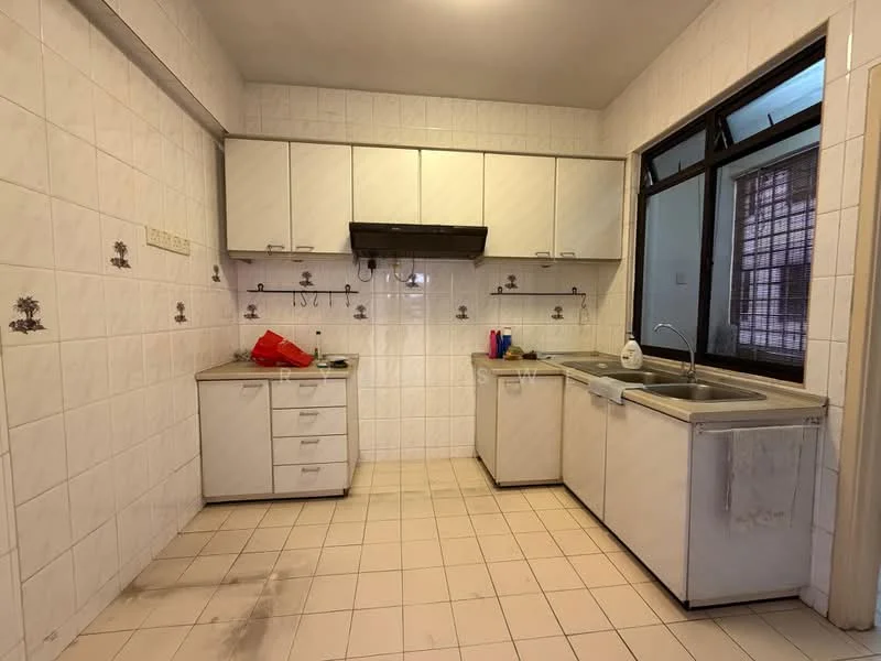 Kitchen features: white tiled walls, cream tiled flooring, white cabinetry, stainless-steel sink, chrome faucet, built-in range hood, window above sink, countertop space, drawer storage, open shelving, decorative wall tiles.