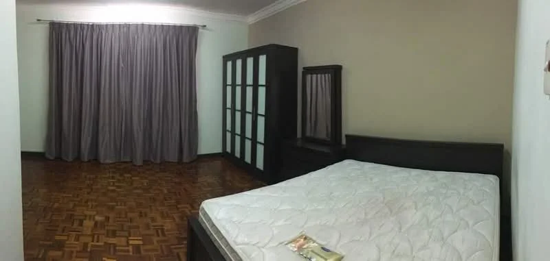Bedroom features: queen-size bed, wooden bed frame, mattress without bedding, built-in wardrobe with sliding doors, mirror on dresser, wooden flooring, grey curtains, light beige painted walls, crown moulding; style: modern.