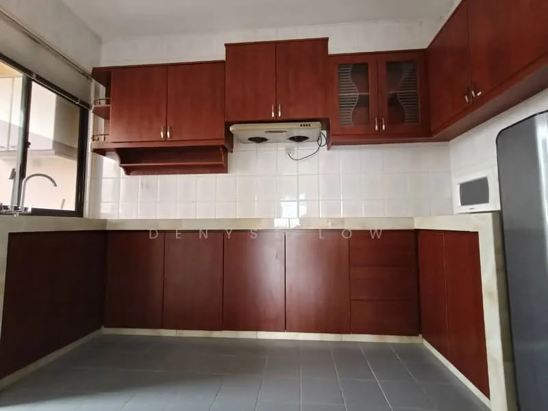 Kitchen features: brown wooden cabinetry, white tiled backsplash, grey tiled flooring, built-in stove with exhaust hood, microwave, double-bowl stainless-steel sink, countertop, window for natural light; style: modern.
