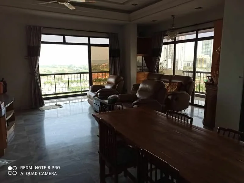 Living features: floor-to-ceiling windows, grey marble flooring, 5-blade ceiling fan with light, 2-seater leather sofa, 3-seater leather sofa, coffee table, TV console, dining table with chairs, curtains, decorative wall art; style: modern; view: city.